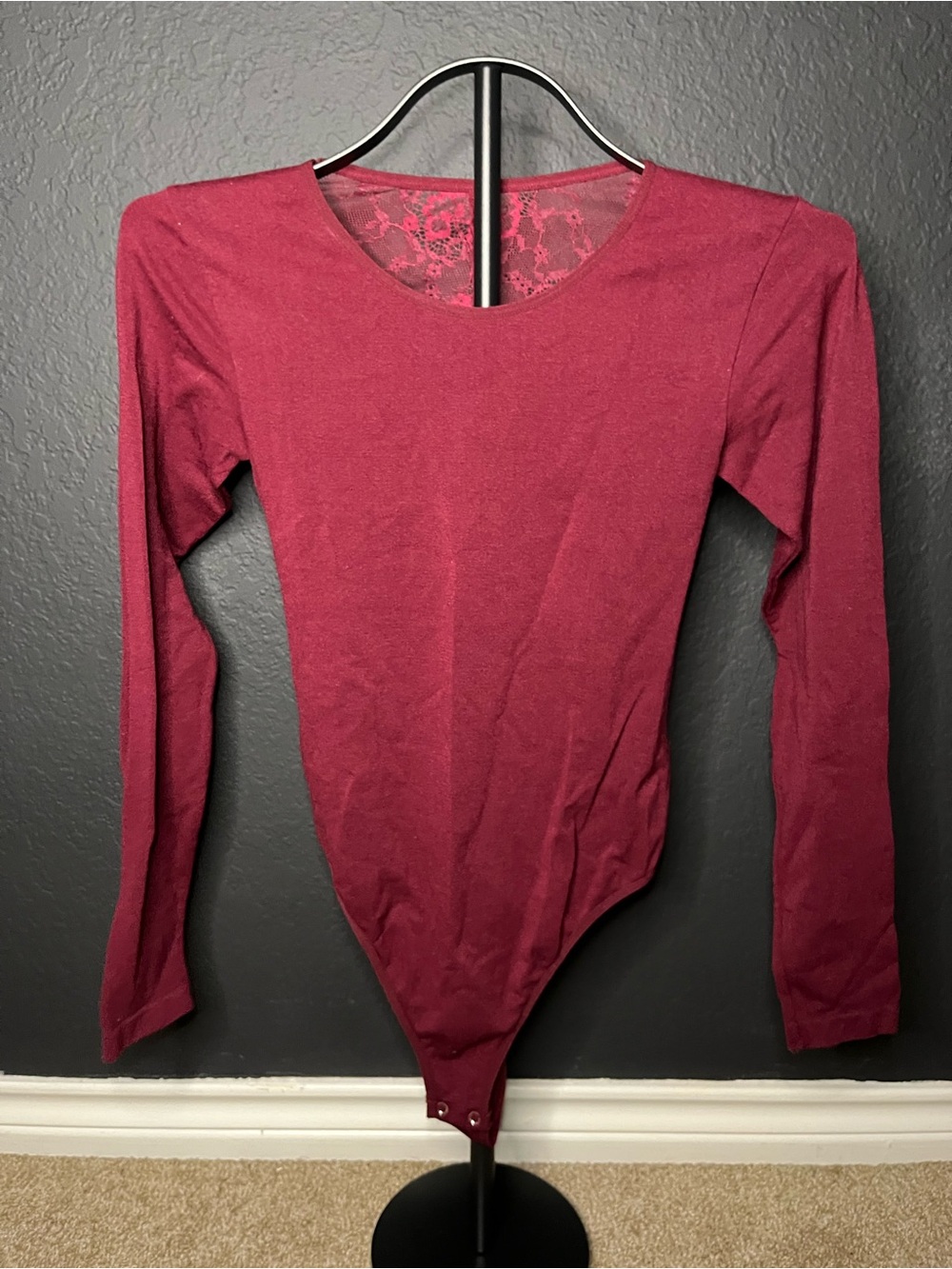 Women's Long Sleeve Lace-Back Bodysuit in Burgundy